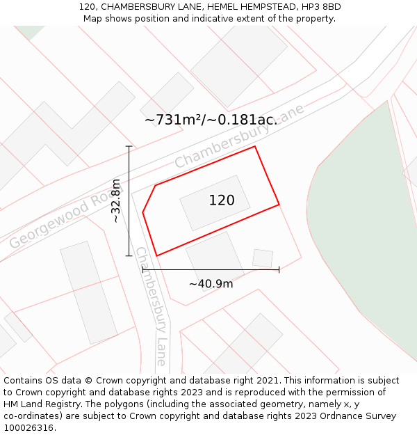 120, CHAMBERSBURY LANE, HEMEL HEMPSTEAD, HP3 8BD: Plot and title map