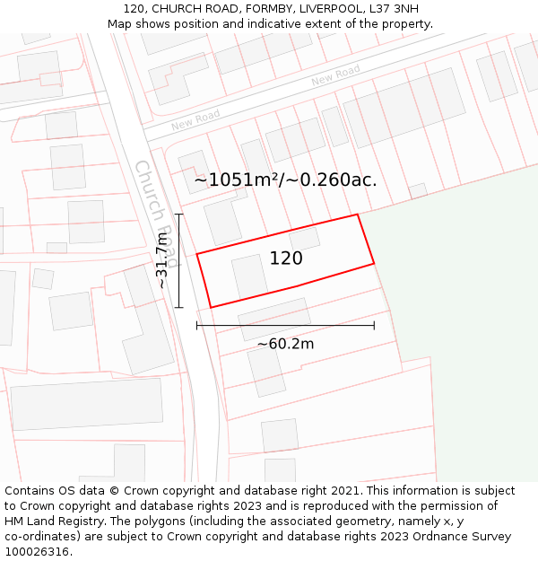 120, CHURCH ROAD, FORMBY, LIVERPOOL, L37 3NH: Plot and title map