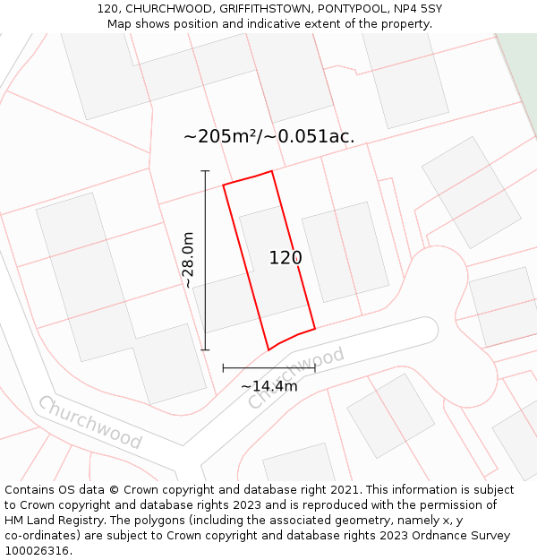 120, CHURCHWOOD, GRIFFITHSTOWN, PONTYPOOL, NP4 5SY: Plot and title map