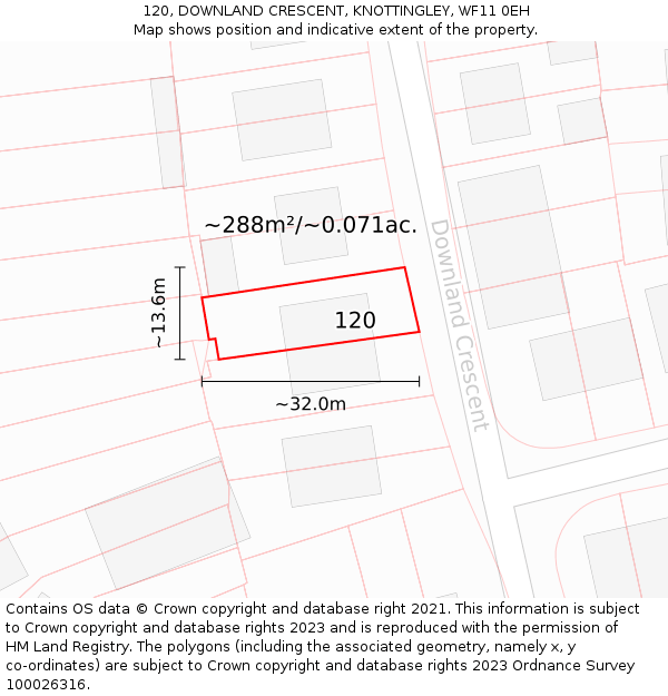 120, DOWNLAND CRESCENT, KNOTTINGLEY, WF11 0EH: Plot and title map