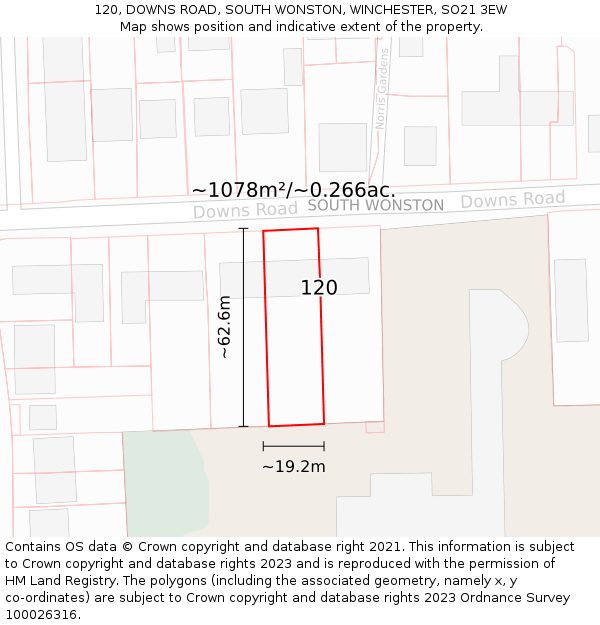 120, DOWNS ROAD, SOUTH WONSTON, WINCHESTER, SO21 3EW: Plot and title map