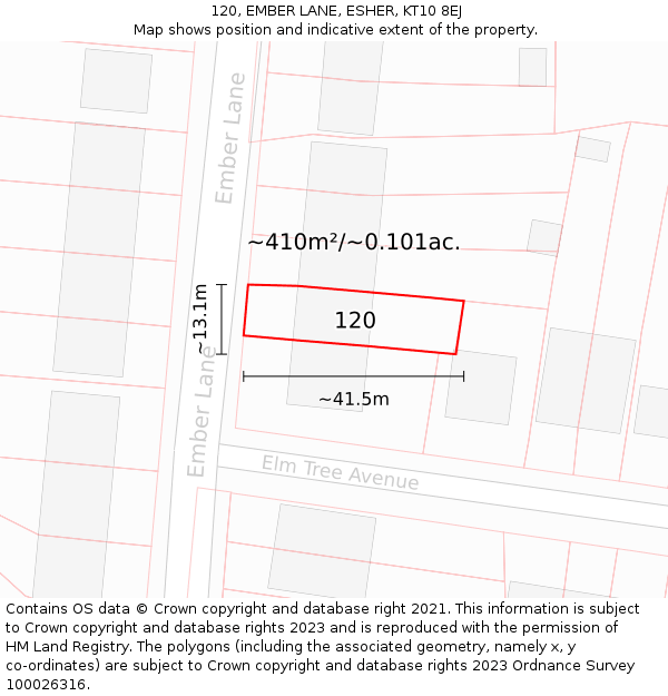 120, EMBER LANE, ESHER, KT10 8EJ: Plot and title map