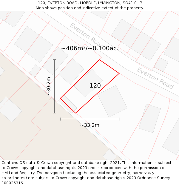 120, EVERTON ROAD, HORDLE, LYMINGTON, SO41 0HB: Plot and title map