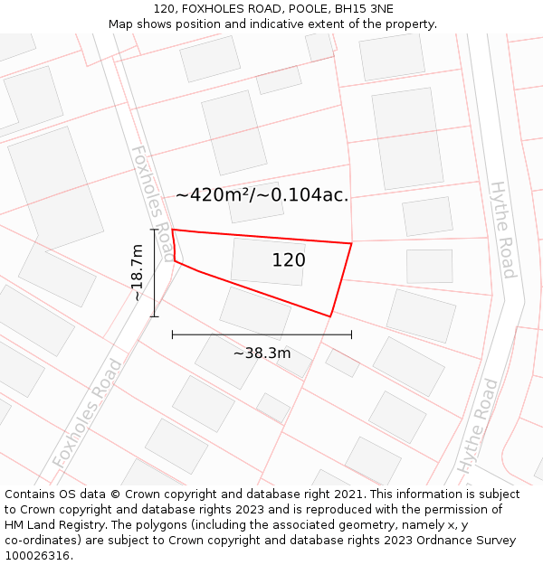 120, FOXHOLES ROAD, POOLE, BH15 3NE: Plot and title map