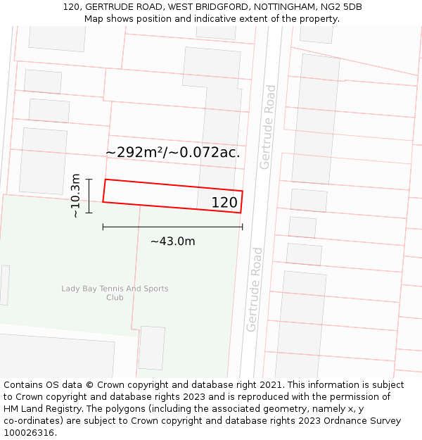 120, GERTRUDE ROAD, WEST BRIDGFORD, NOTTINGHAM, NG2 5DB: Plot and title map