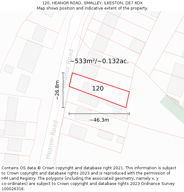 120, HEANOR ROAD, SMALLEY, ILKESTON, DE7 6DX: Plot and title map