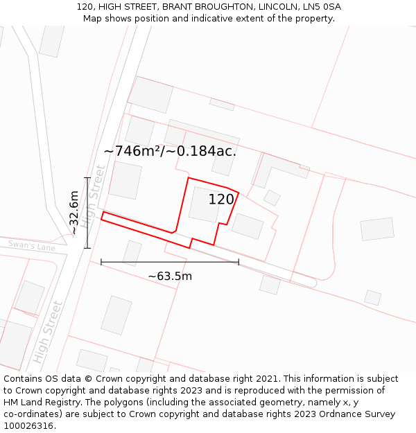 120, HIGH STREET, BRANT BROUGHTON, LINCOLN, LN5 0SA: Plot and title map