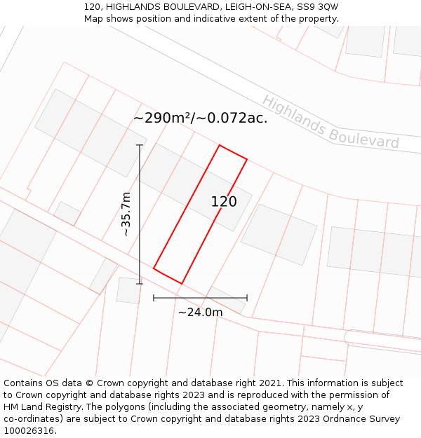 120, HIGHLANDS BOULEVARD, LEIGH-ON-SEA, SS9 3QW: Plot and title map