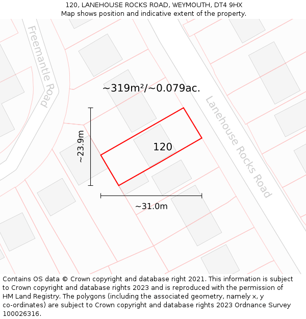 120, LANEHOUSE ROCKS ROAD, WEYMOUTH, DT4 9HX: Plot and title map