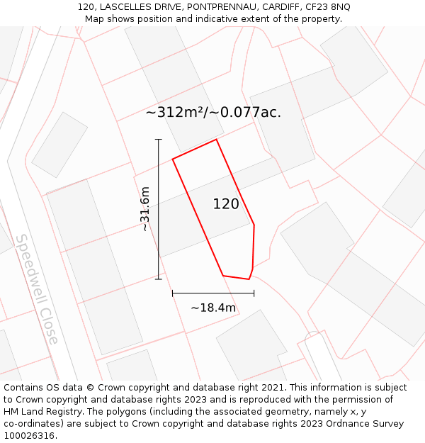 120, LASCELLES DRIVE, PONTPRENNAU, CARDIFF, CF23 8NQ: Plot and title map