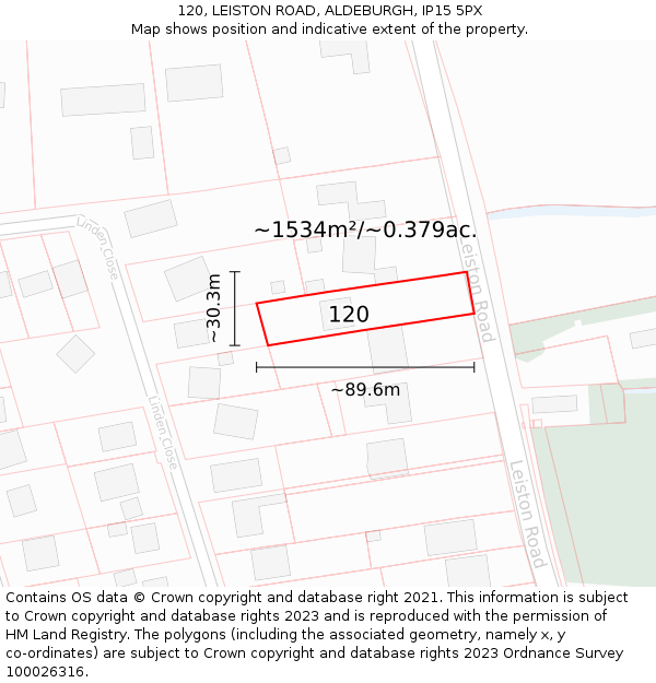 120, LEISTON ROAD, ALDEBURGH, IP15 5PX: Plot and title map
