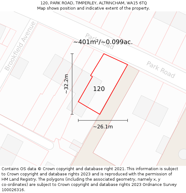 120, PARK ROAD, TIMPERLEY, ALTRINCHAM, WA15 6TQ: Plot and title map