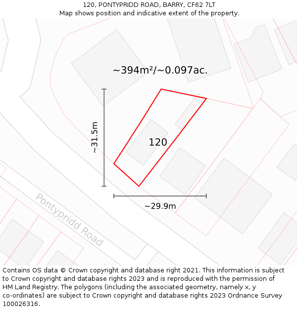 120, PONTYPRIDD ROAD, BARRY, CF62 7LT: Plot and title map