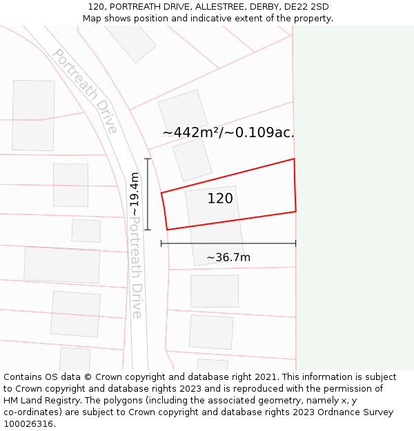 120, PORTREATH DRIVE, ALLESTREE, DERBY, DE22 2SD: Plot and title map