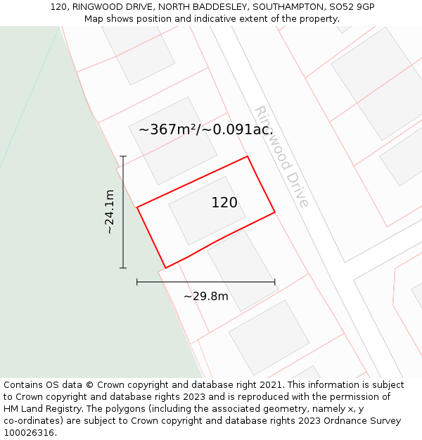 120, RINGWOOD DRIVE, NORTH BADDESLEY, SOUTHAMPTON, SO52 9GP: Plot and title map