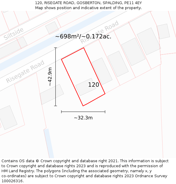 120, RISEGATE ROAD, GOSBERTON, SPALDING, PE11 4EY: Plot and title map