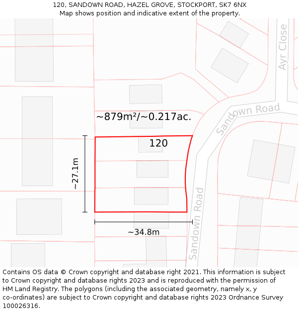 120, SANDOWN ROAD, HAZEL GROVE, STOCKPORT, SK7 6NX: Plot and title map