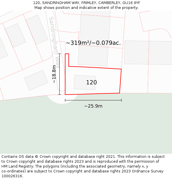 120, SANDRINGHAM WAY, FRIMLEY, CAMBERLEY, GU16 9YF: Plot and title map