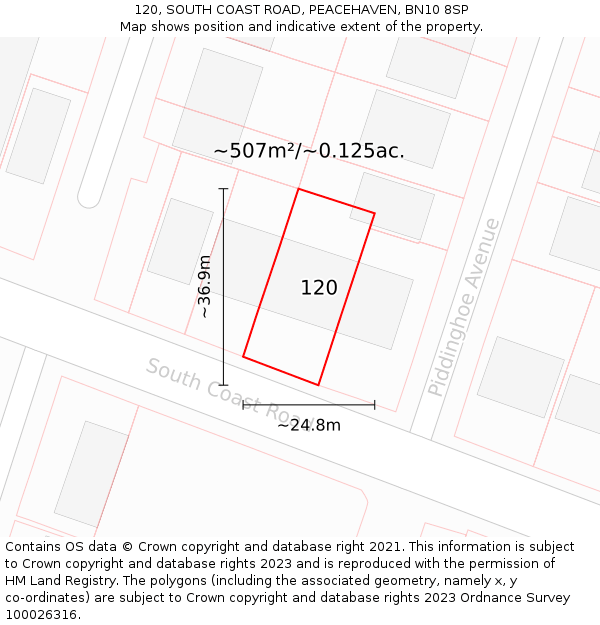 120, SOUTH COAST ROAD, PEACEHAVEN, BN10 8SP: Plot and title map