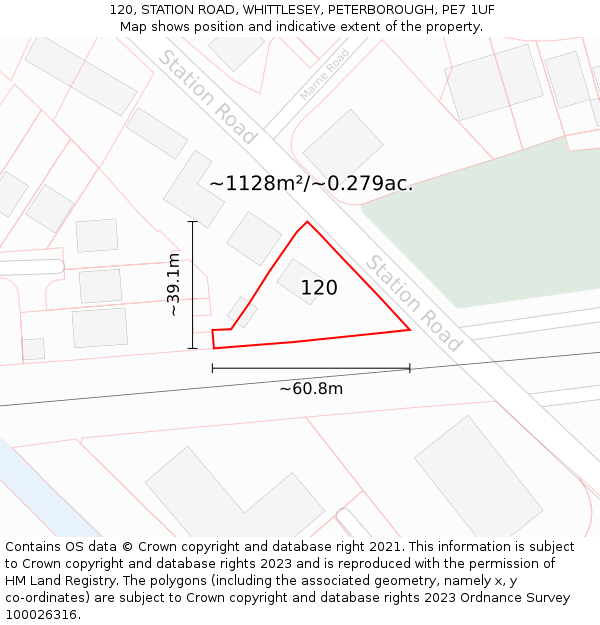 120, STATION ROAD, WHITTLESEY, PETERBOROUGH, PE7 1UF: Plot and title map