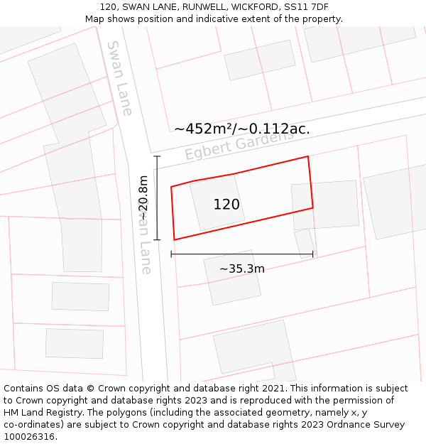 120, SWAN LANE, RUNWELL, WICKFORD, SS11 7DF: Plot and title map