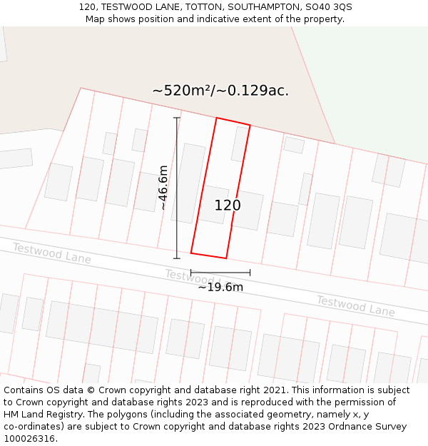 120, TESTWOOD LANE, TOTTON, SOUTHAMPTON, SO40 3QS: Plot and title map