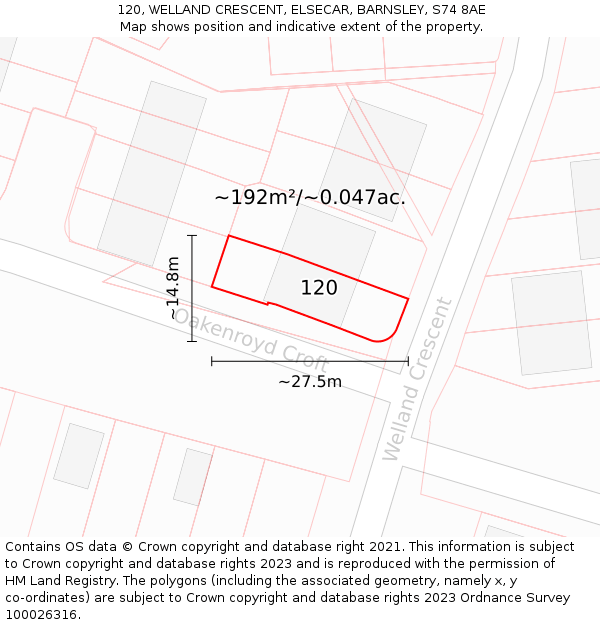 120, WELLAND CRESCENT, ELSECAR, BARNSLEY, S74 8AE: Plot and title map