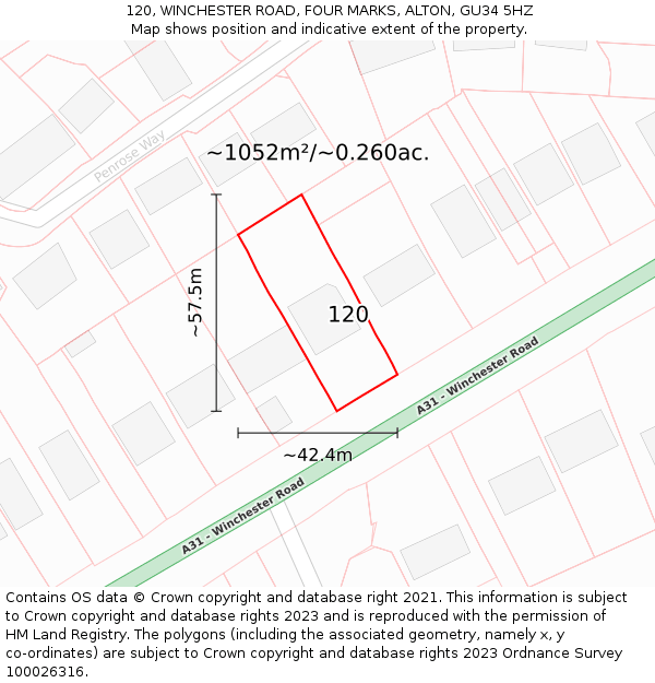 120, WINCHESTER ROAD, FOUR MARKS, ALTON, GU34 5HZ: Plot and title map