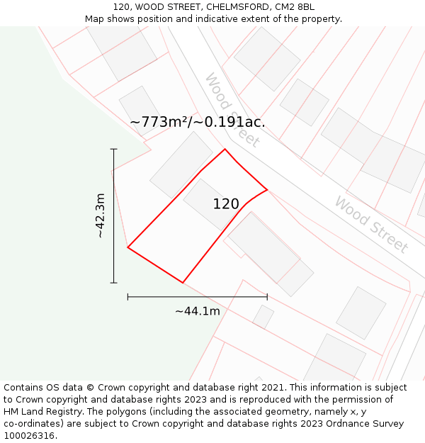 120, WOOD STREET, CHELMSFORD, CM2 8BL: Plot and title map