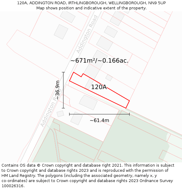 120A, ADDINGTON ROAD, IRTHLINGBOROUGH, WELLINGBOROUGH, NN9 5UP: Plot and title map