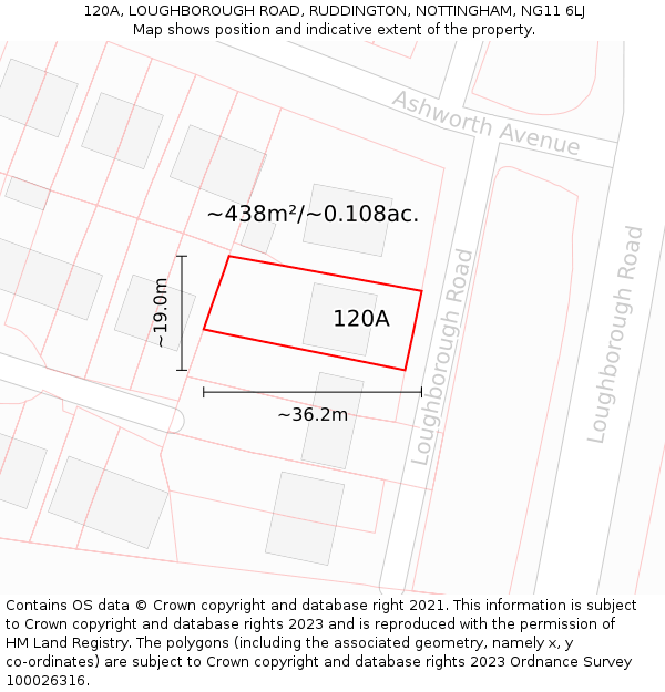 120A, LOUGHBOROUGH ROAD, RUDDINGTON, NOTTINGHAM, NG11 6LJ: Plot and title map