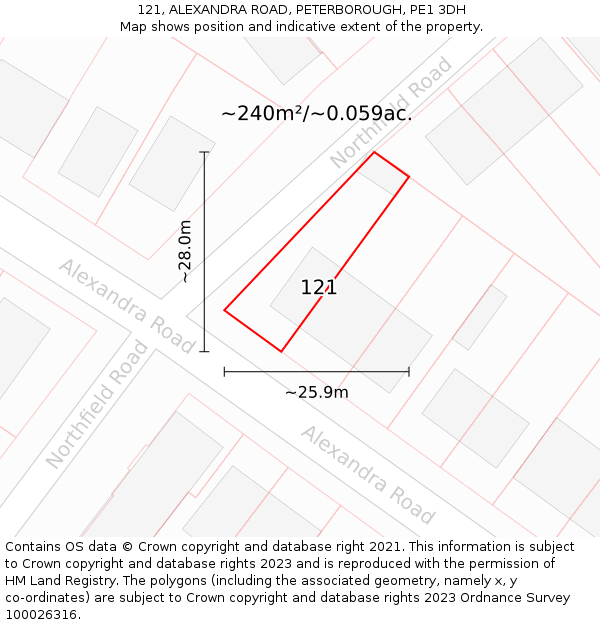 121, ALEXANDRA ROAD, PETERBOROUGH, PE1 3DH: Plot and title map