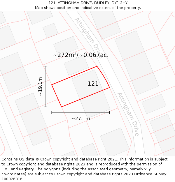 121, ATTINGHAM DRIVE, DUDLEY, DY1 3HY: Plot and title map