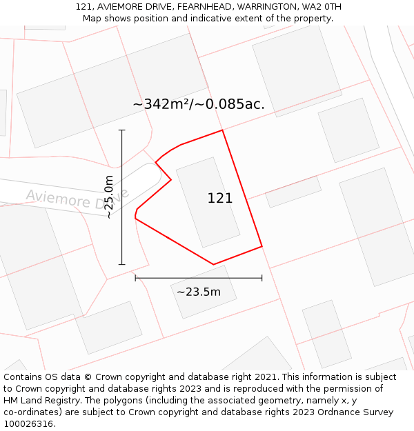 121, AVIEMORE DRIVE, FEARNHEAD, WARRINGTON, WA2 0TH: Plot and title map