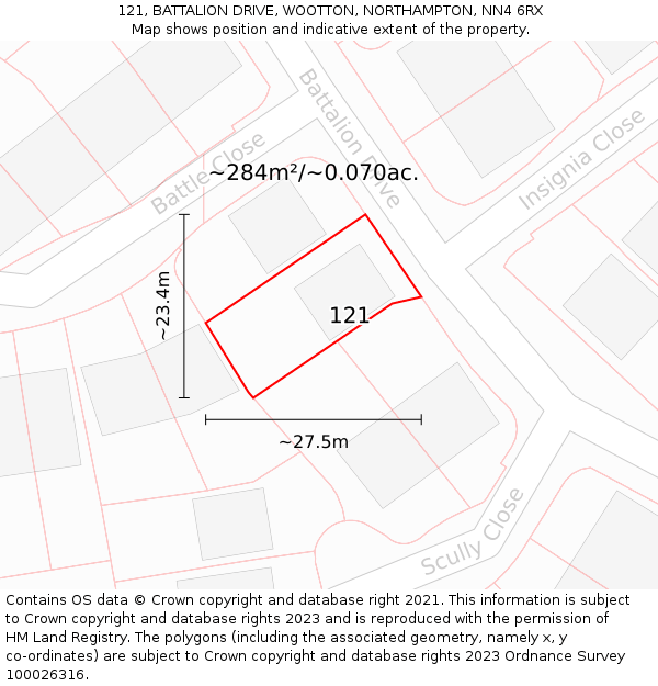 121, BATTALION DRIVE, WOOTTON, NORTHAMPTON, NN4 6RX: Plot and title map