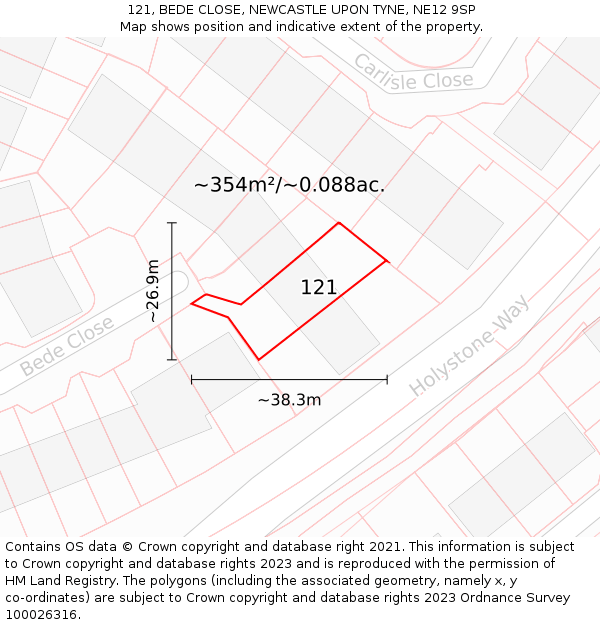 121, BEDE CLOSE, NEWCASTLE UPON TYNE, NE12 9SP: Plot and title map