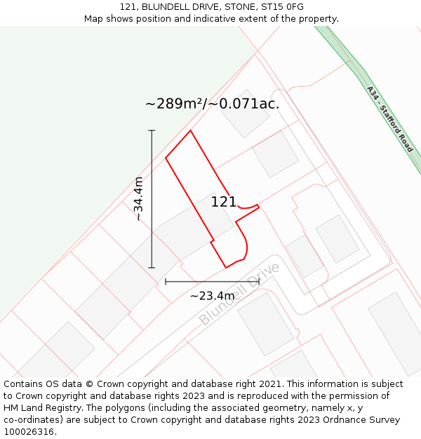 121, BLUNDELL DRIVE, STONE, ST15 0FG: Plot and title map