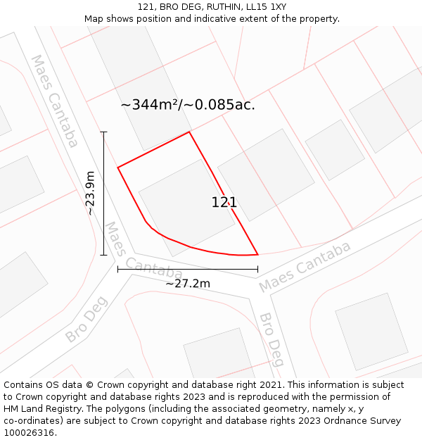 121, BRO DEG, RUTHIN, LL15 1XY: Plot and title map