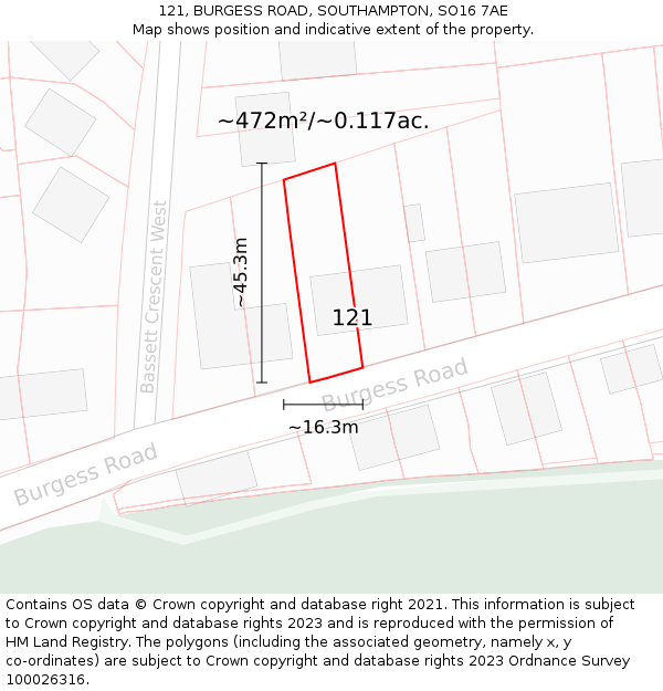 121, BURGESS ROAD, SOUTHAMPTON, SO16 7AE: Plot and title map