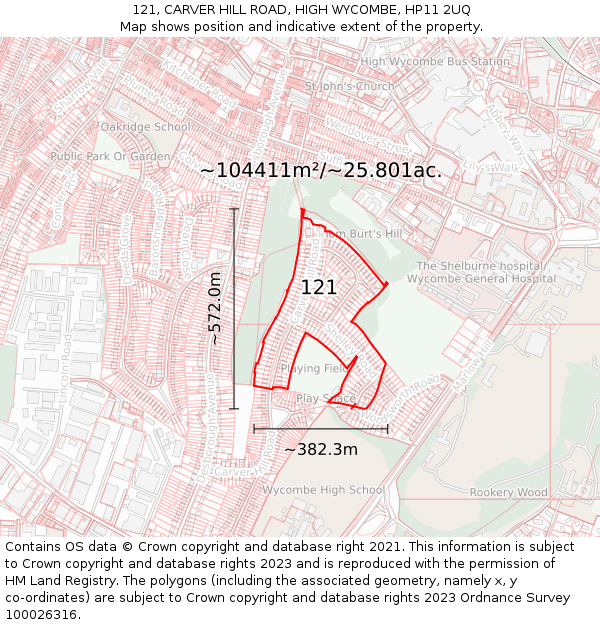 121, CARVER HILL ROAD, HIGH WYCOMBE, HP11 2UQ: Plot and title map