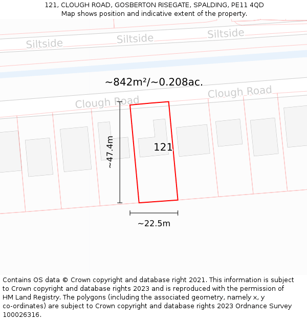 121, CLOUGH ROAD, GOSBERTON RISEGATE, SPALDING, PE11 4QD: Plot and title map