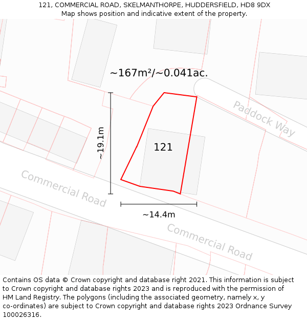 121, COMMERCIAL ROAD, SKELMANTHORPE, HUDDERSFIELD, HD8 9DX: Plot and title map