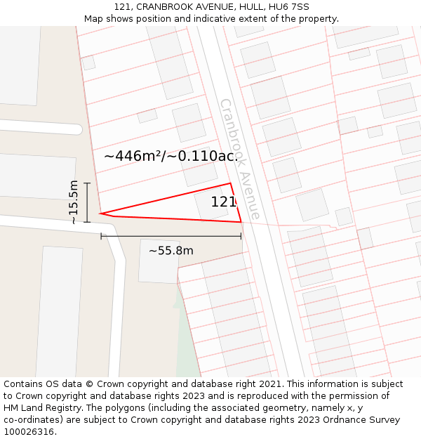 121, CRANBROOK AVENUE, HULL, HU6 7SS: Plot and title map