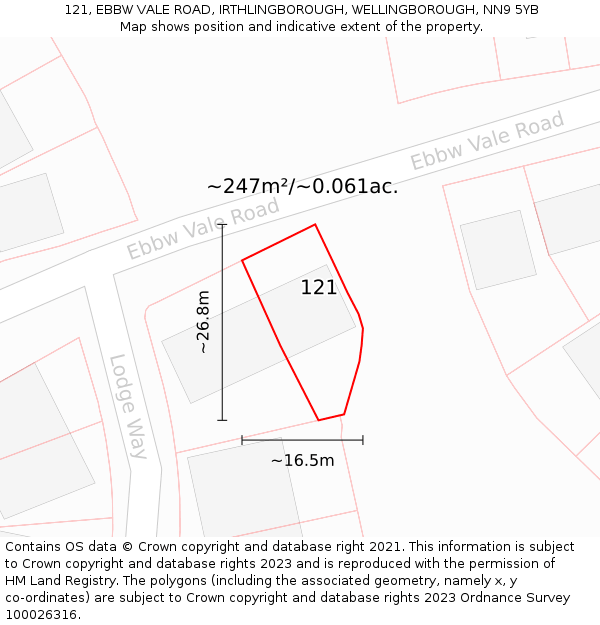 121, EBBW VALE ROAD, IRTHLINGBOROUGH, WELLINGBOROUGH, NN9 5YB: Plot and title map