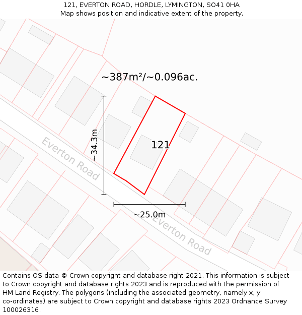 121, EVERTON ROAD, HORDLE, LYMINGTON, SO41 0HA: Plot and title map