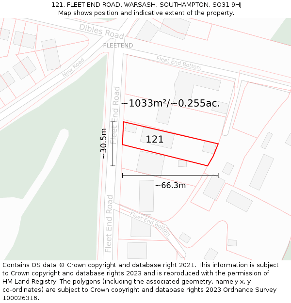 121, FLEET END ROAD, WARSASH, SOUTHAMPTON, SO31 9HJ: Plot and title map