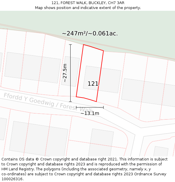 121, FOREST WALK, BUCKLEY, CH7 3AR: Plot and title map