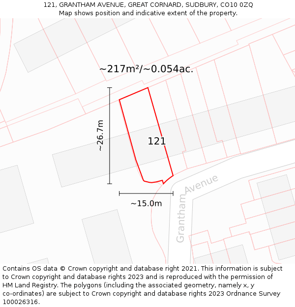 121, GRANTHAM AVENUE, GREAT CORNARD, SUDBURY, CO10 0ZQ: Plot and title map