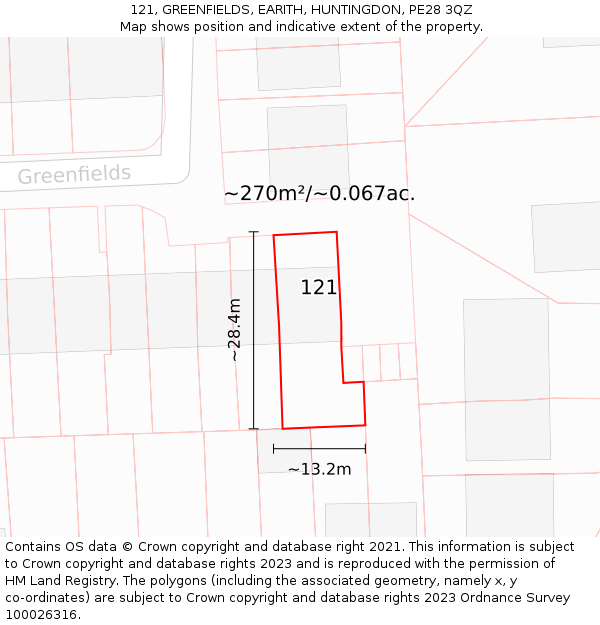 121, GREENFIELDS, EARITH, HUNTINGDON, PE28 3QZ: Plot and title map