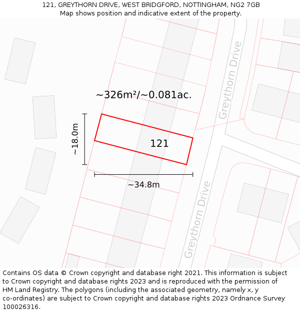 121, GREYTHORN DRIVE, WEST BRIDGFORD, NOTTINGHAM, NG2 7GB: Plot and title map